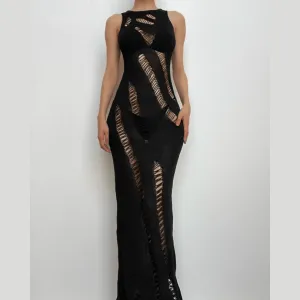 BerriesJam - Crochet Hollow Out Sleeveless Irregular Cut Out Maxi Dress