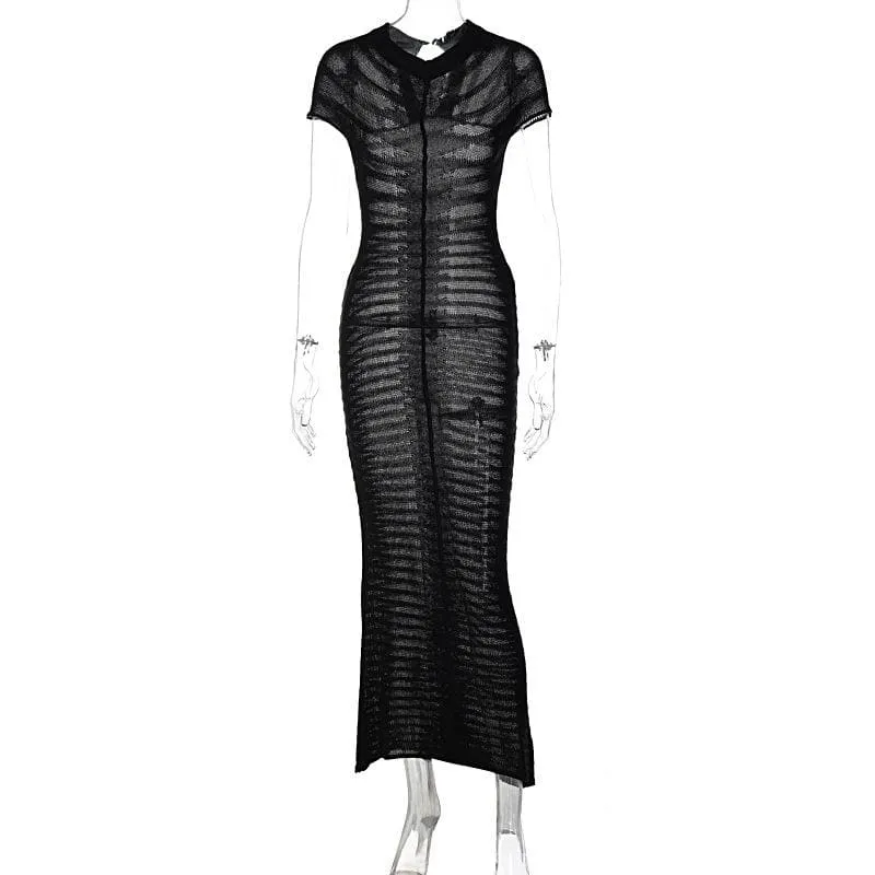 BerriesJam - Crochet Short Sleeve Button Solid Maxi Dress