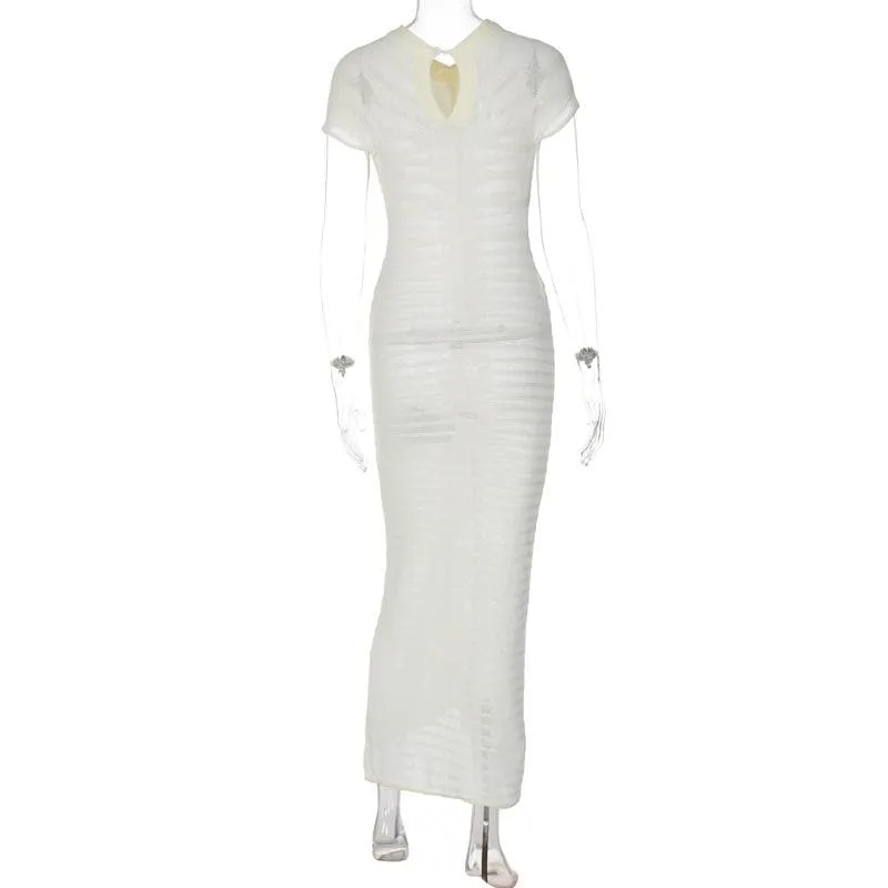 BerriesJam - Crochet Short Sleeve Button Solid Maxi Dress