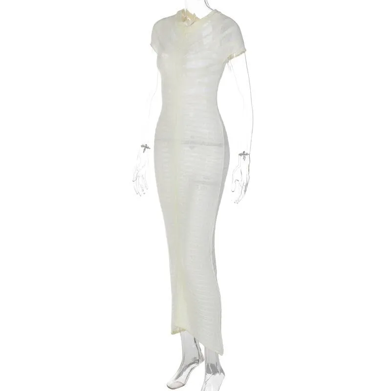 BerriesJam - Crochet Short Sleeve Button Solid Maxi Dress