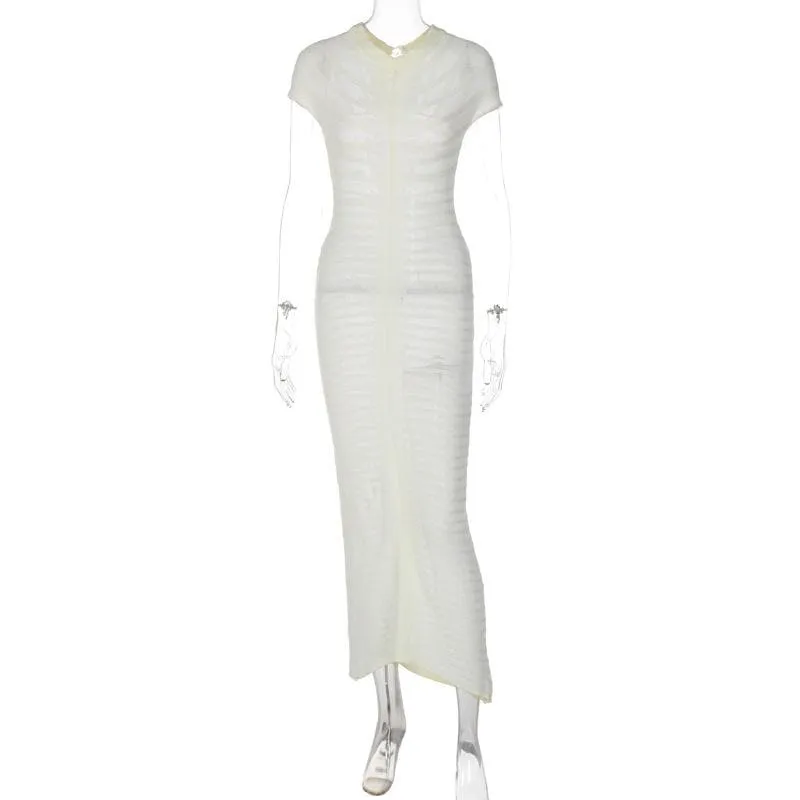 BerriesJam - Crochet Short Sleeve Button Solid Maxi Dress