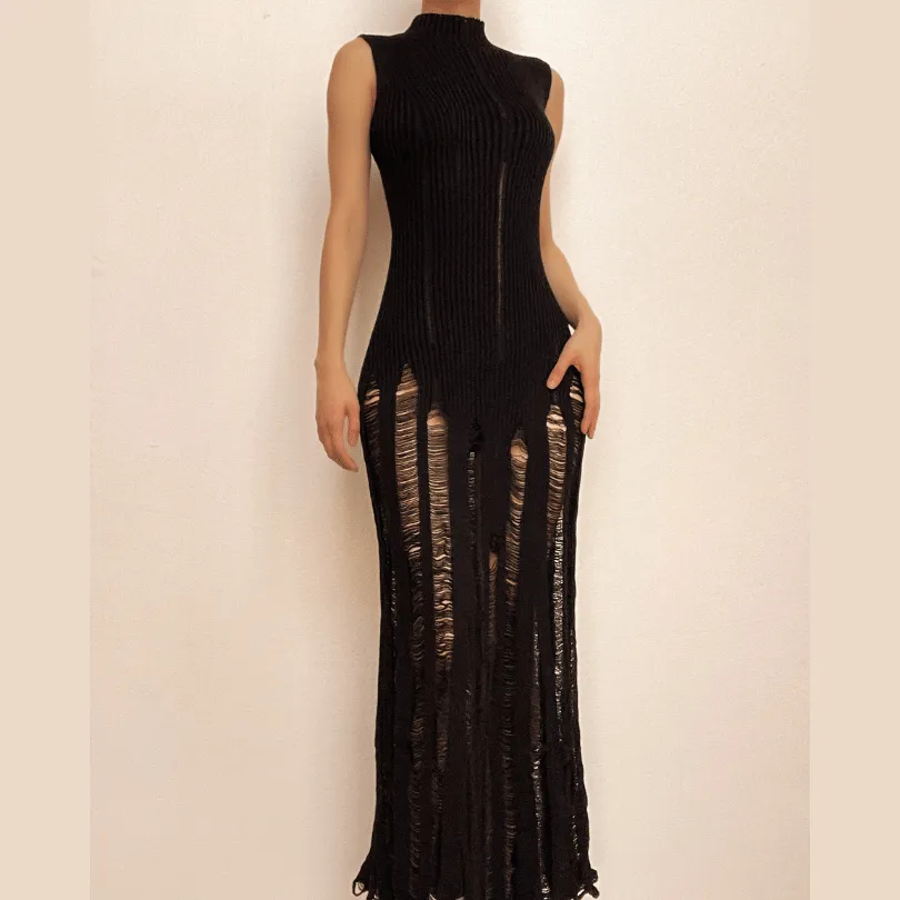 BerriesJam - Crochet Sleeveless Hollow Out Crewneck Cut Out Maxi Dress