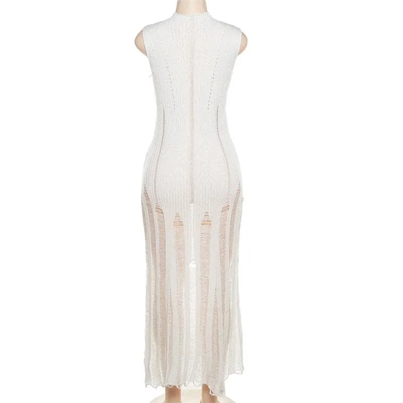BerriesJam - Crochet Sleeveless Hollow Out Crewneck Cut Out Maxi Dress