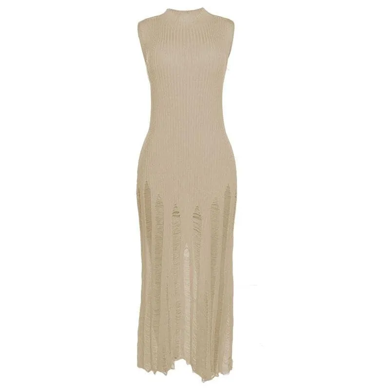 BerriesJam - Crochet Sleeveless Hollow Out Crewneck Cut Out Maxi Dress