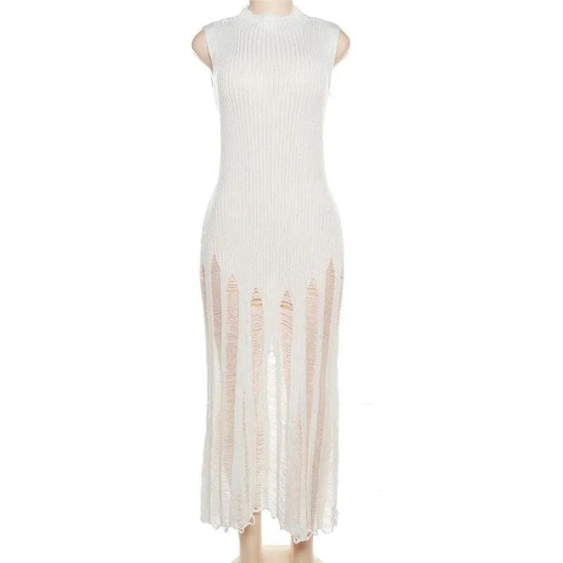 BerriesJam - Crochet Sleeveless Hollow Out Crewneck Cut Out Maxi Dress