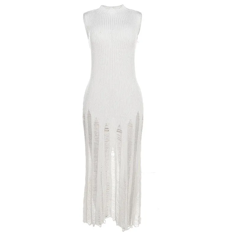 BerriesJam - Crochet Sleeveless Hollow Out Crewneck Cut Out Maxi Dress