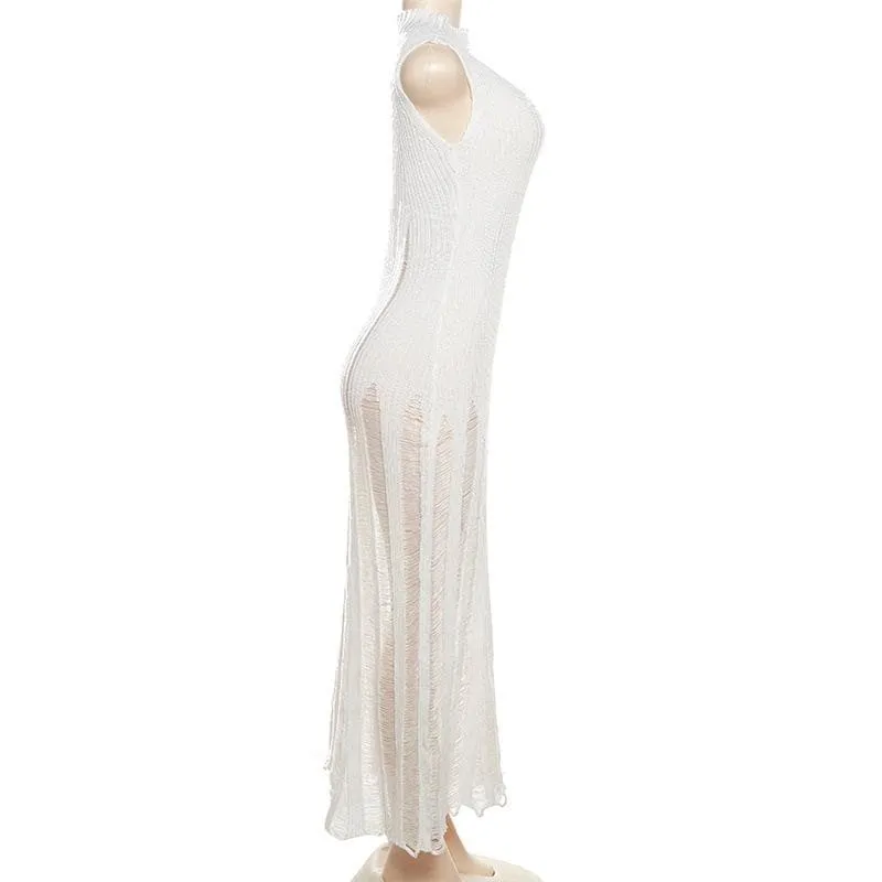 BerriesJam - Crochet Sleeveless Hollow Out Crewneck Cut Out Maxi Dress