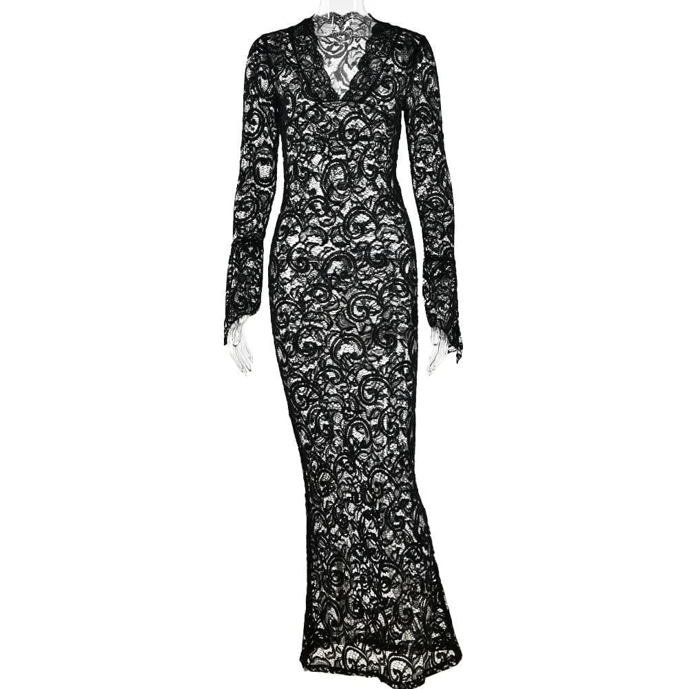 BerriesJam - Lace See Through Sleeve V Neck Solid Maxi Dress