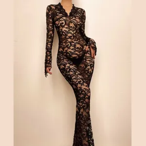 BerriesJam - Lace See Through Sleeve V Neck Solid Maxi Dress