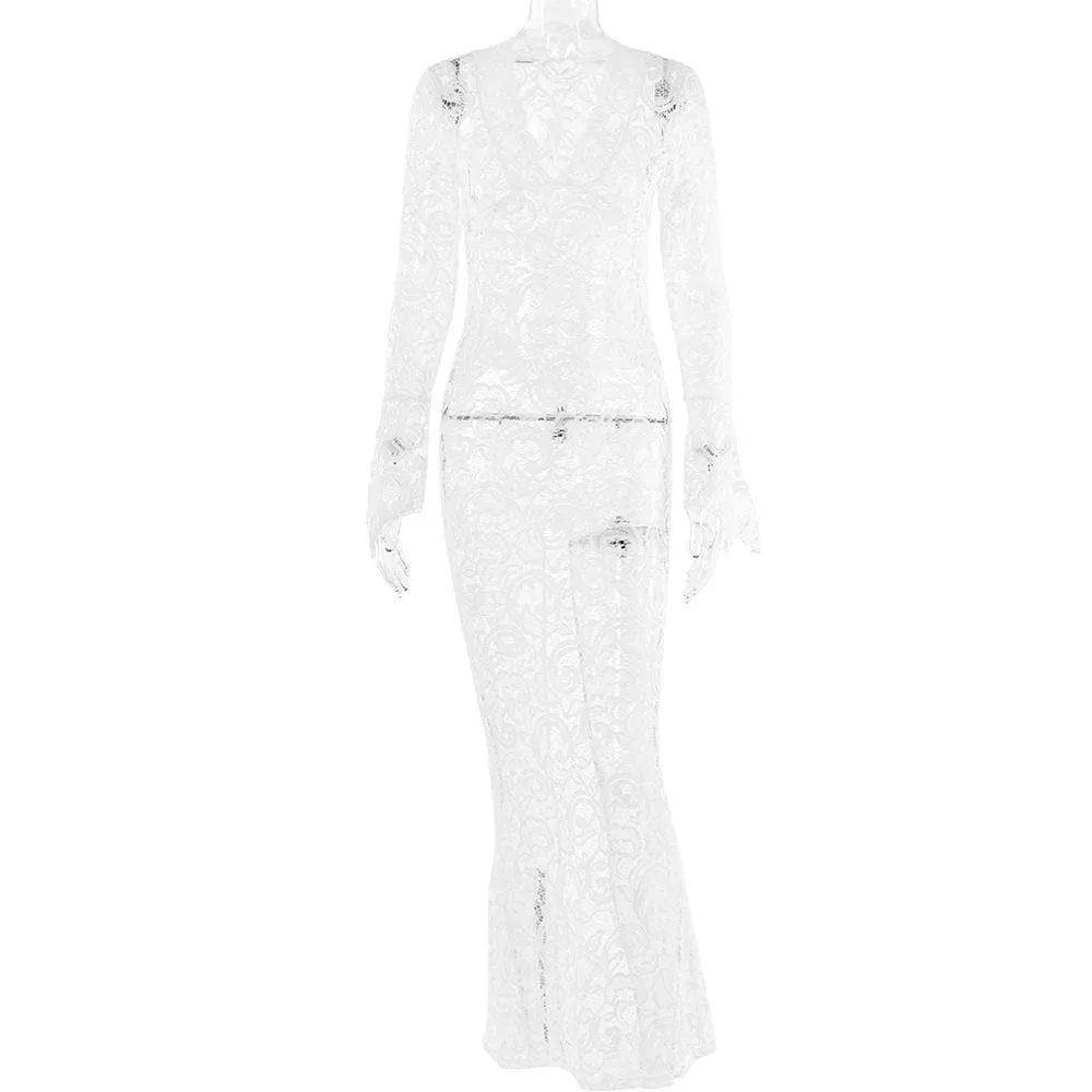 BerriesJam - Lace See Through Sleeve V Neck Solid Maxi Dress