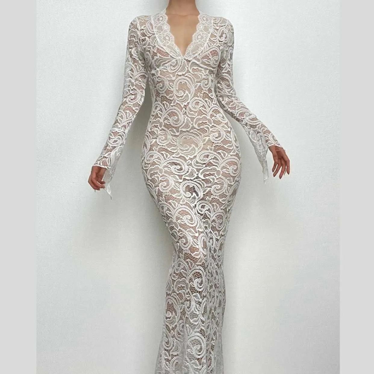 BerriesJam - Lace See Through Sleeve V Neck Solid Maxi Dress