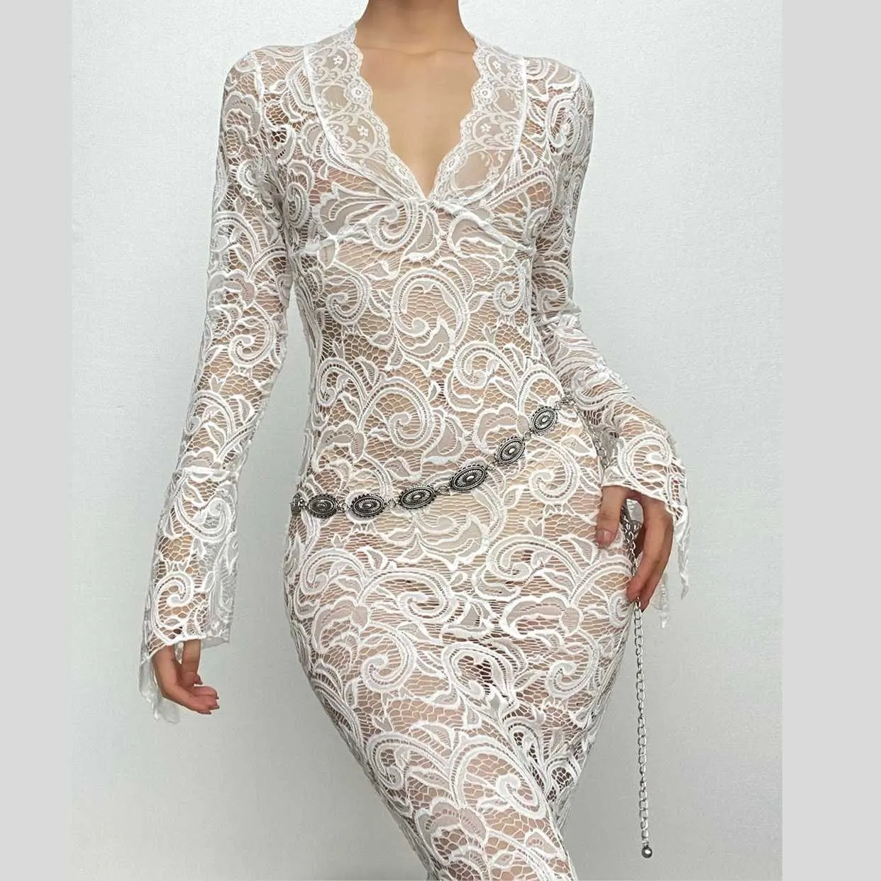 BerriesJam - Lace See Through Sleeve V Neck Solid Maxi Dress
