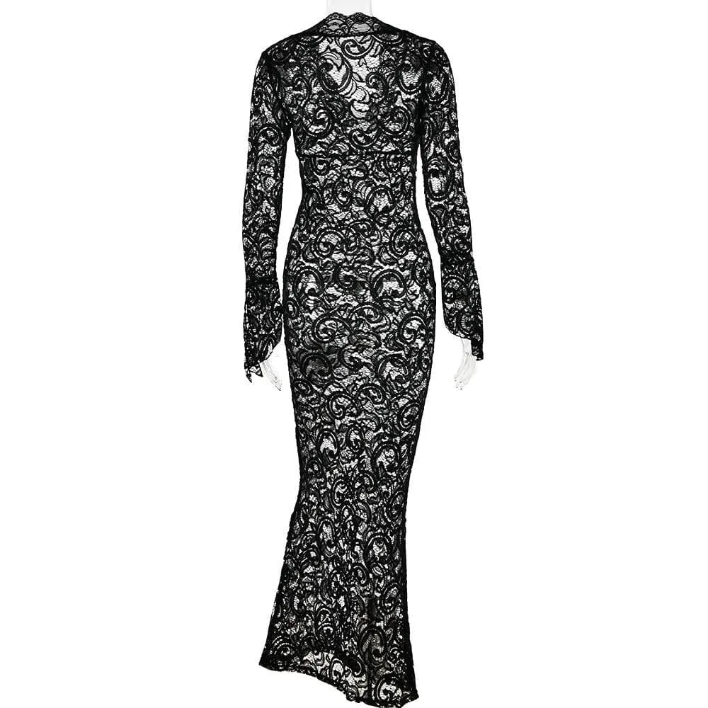 BerriesJam - Lace See Through Sleeve V Neck Solid Maxi Dress