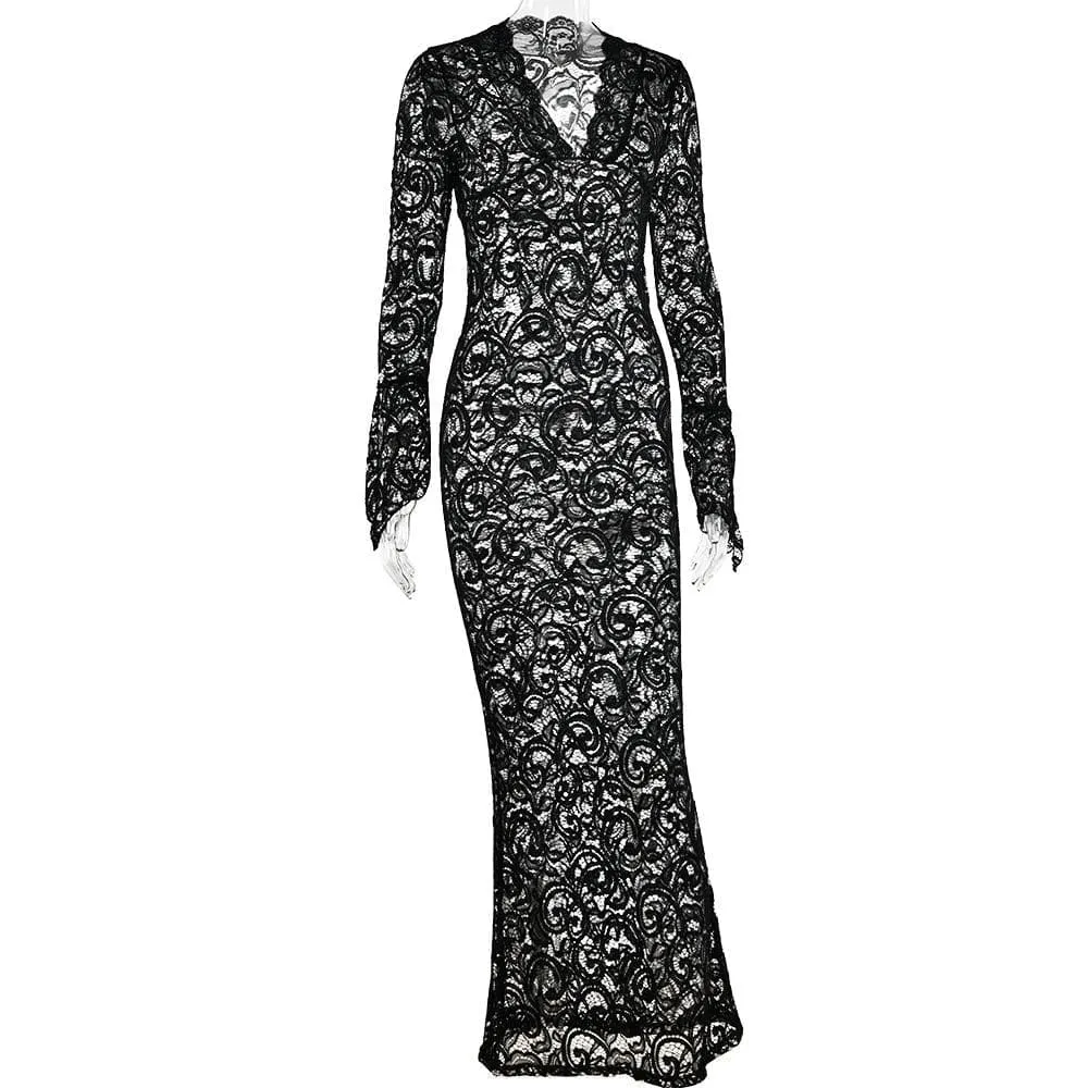 BerriesJam - Lace See Through Sleeve V Neck Solid Maxi Dress