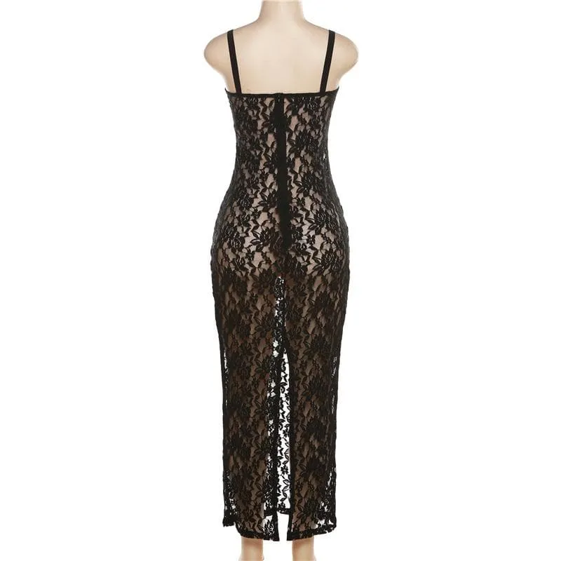 BerriesJam - Lace Zip-Up See Through Sleeveless Backless Maxi Dress