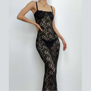 BerriesJam - Lace Zip-Up See Through Sleeveless Backless Maxi Dress