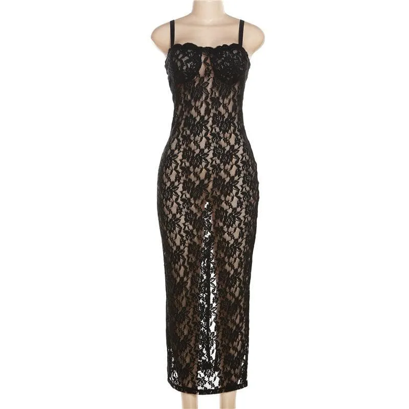 BerriesJam - Lace Zip-Up See Through Sleeveless Backless Maxi Dress