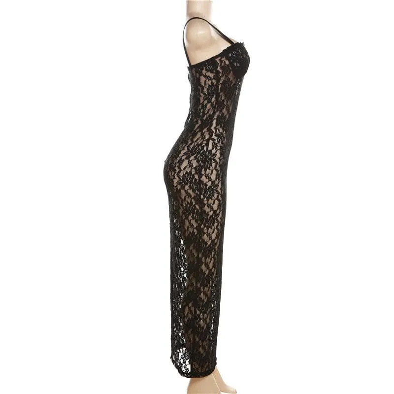 BerriesJam - Lace Zip-Up See Through Sleeveless Backless Maxi Dress