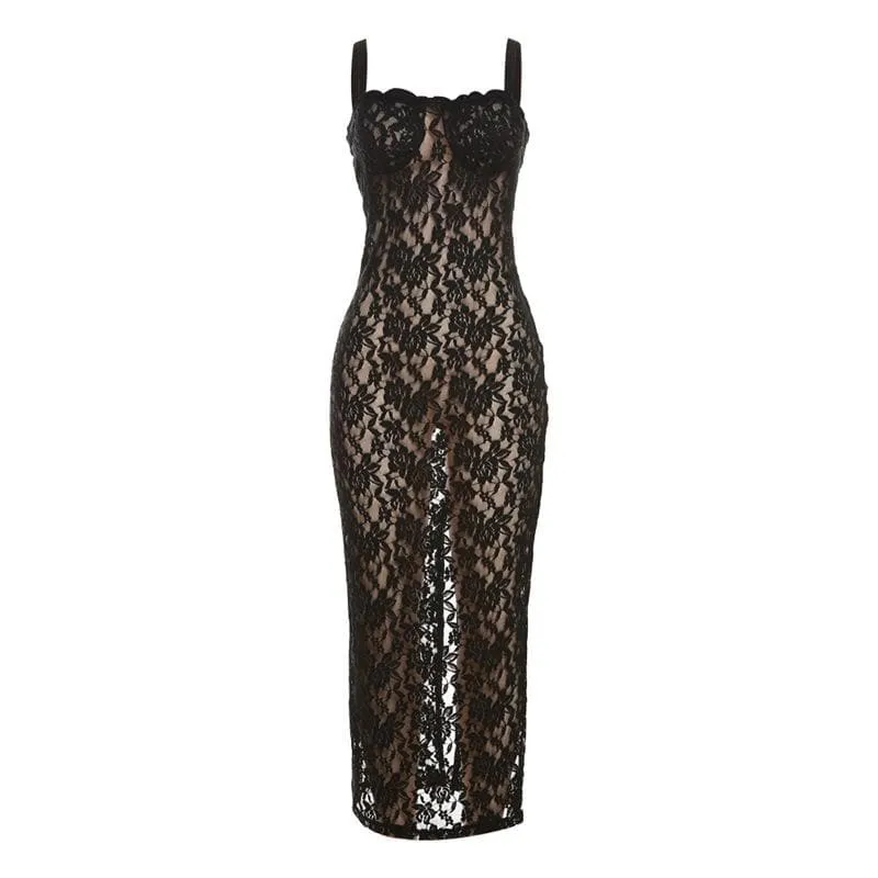 BerriesJam - Lace Zip-Up See Through Sleeveless Backless Maxi Dress