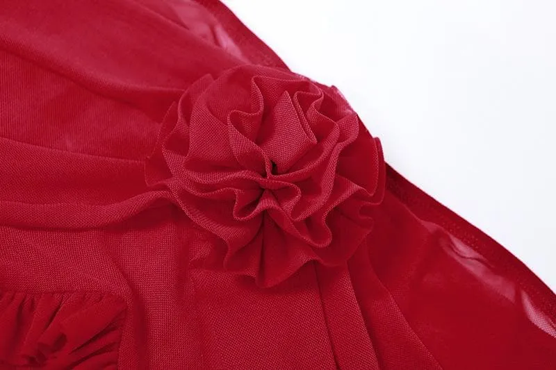 BerriesJam - Off Shoulder Ruffle Mesh Flower Applique See Through Maxi Dress