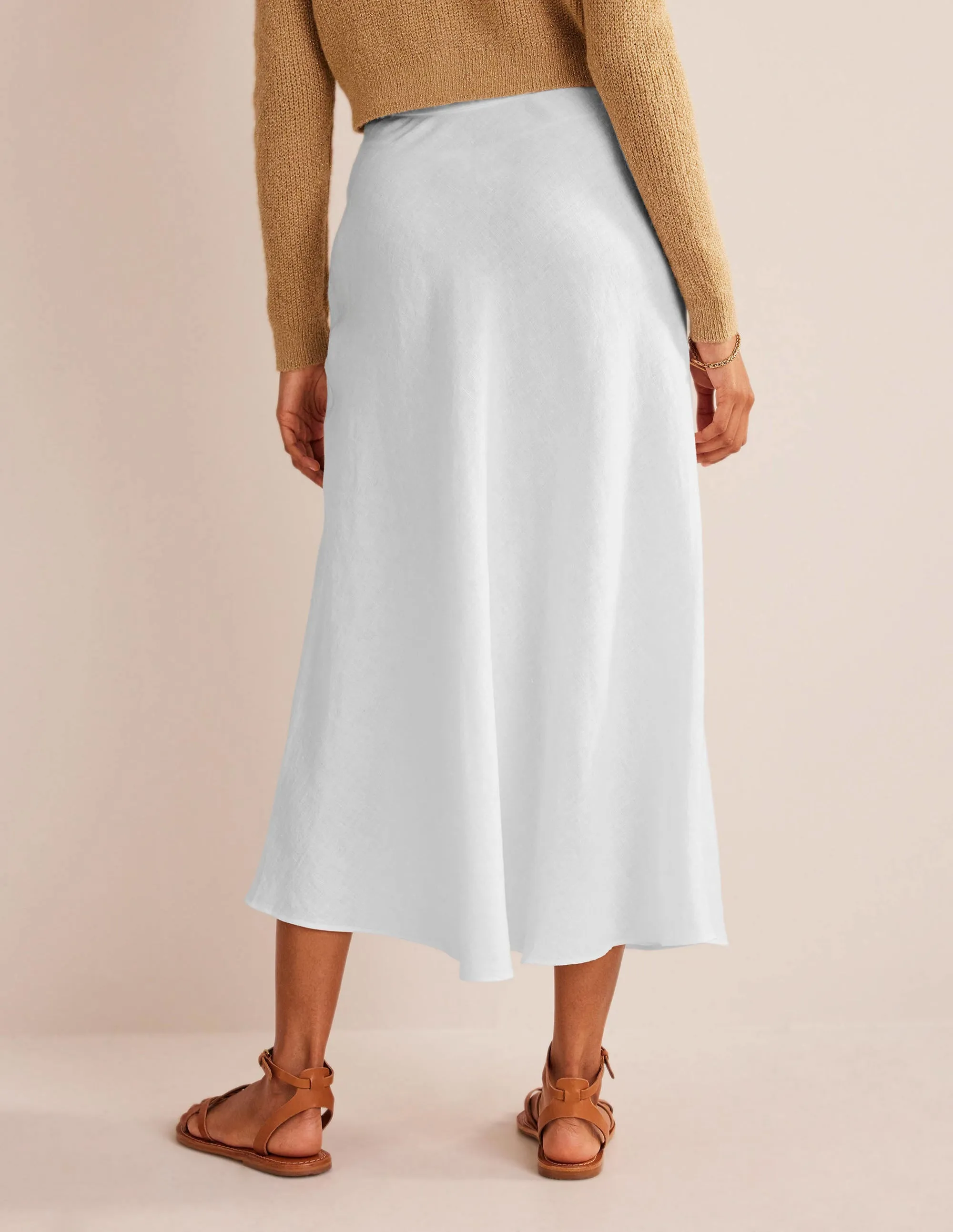 Bias Linen Midi Skirt-White