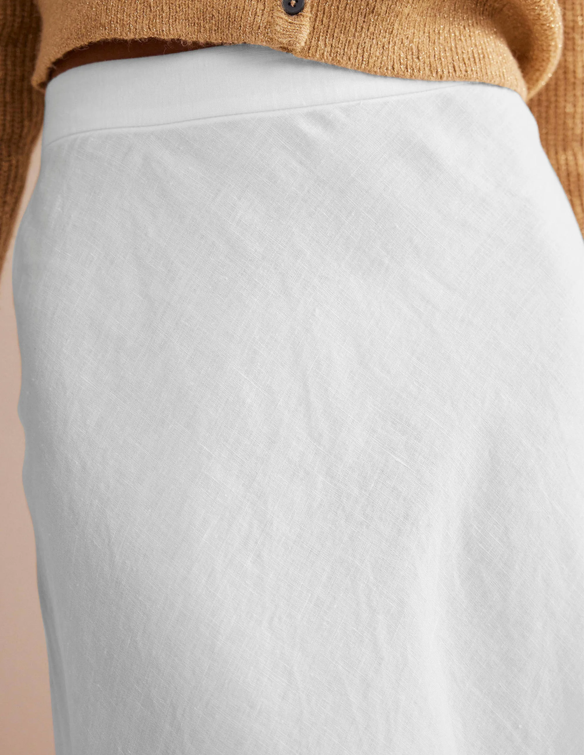 Bias Linen Midi Skirt-White