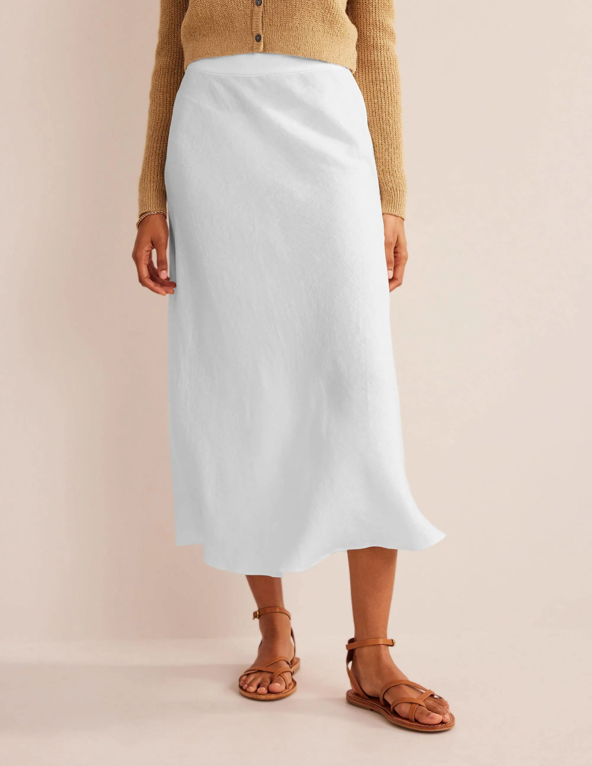 Bias Linen Midi Skirt-White