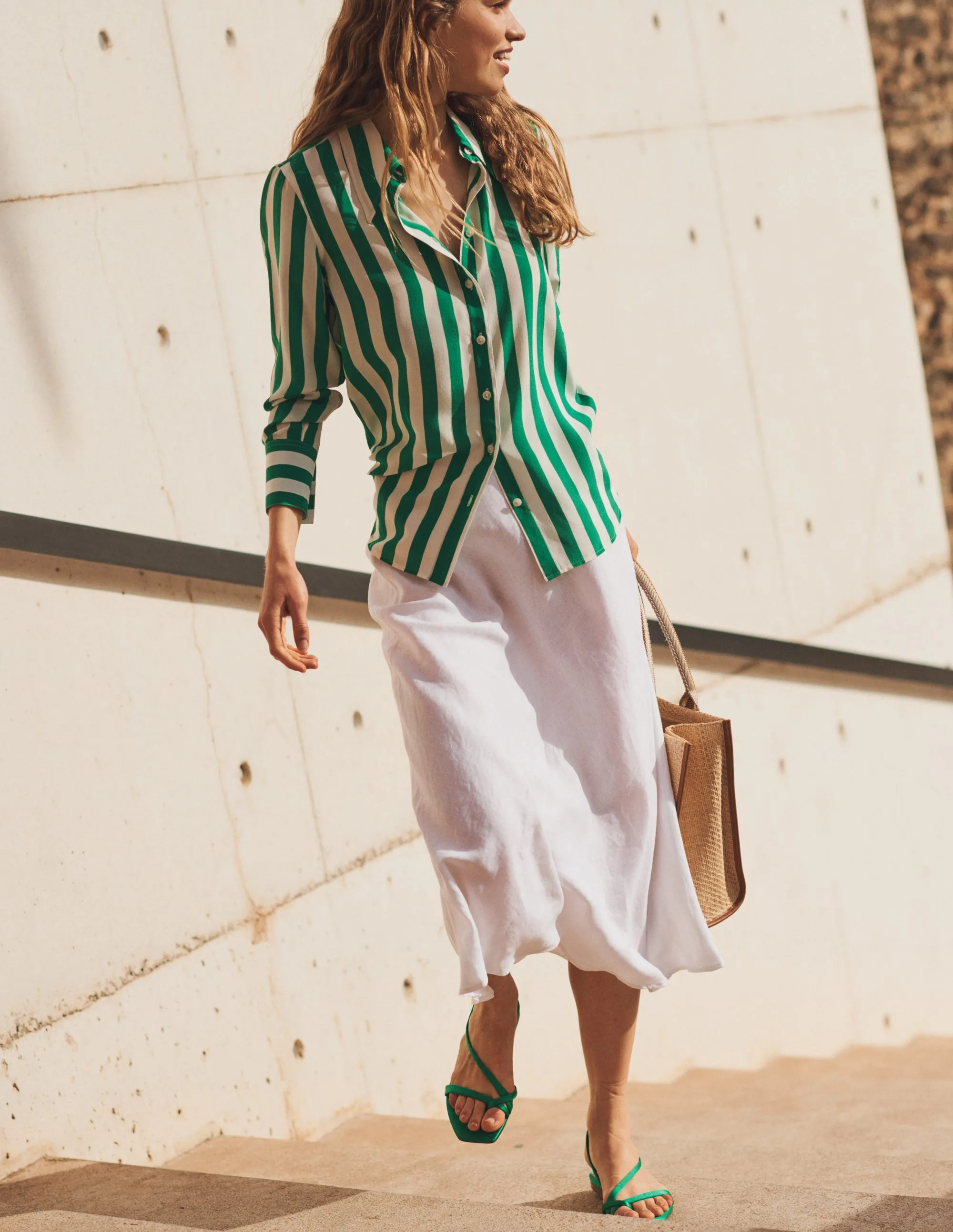 Bias Linen Midi Skirt-White