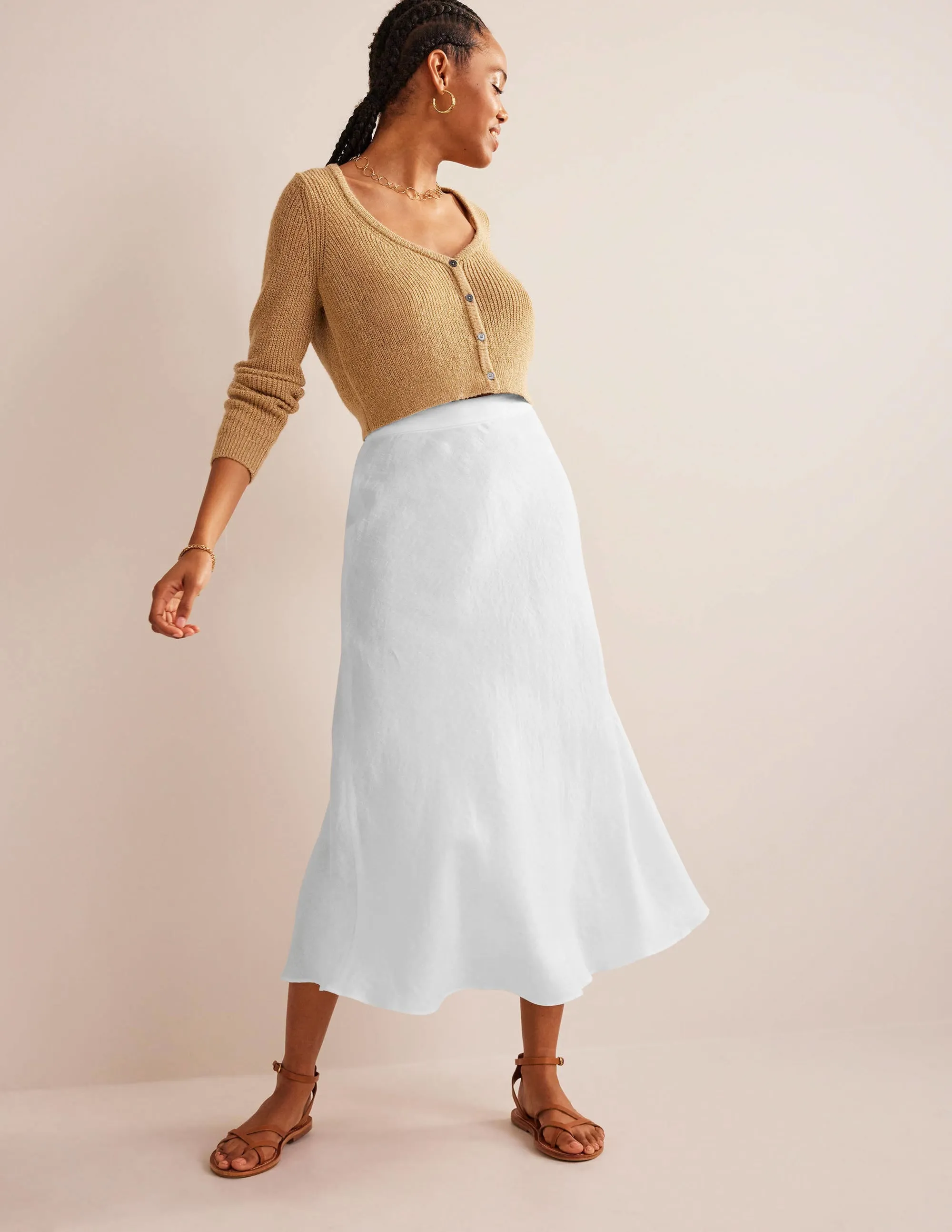 Bias Linen Midi Skirt-White