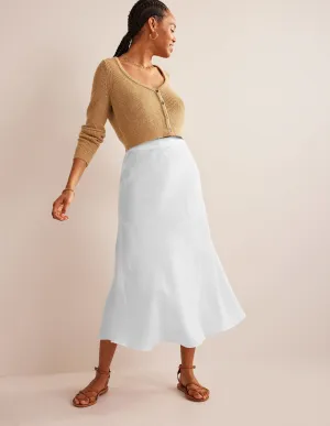 Bias Linen Midi Skirt-White