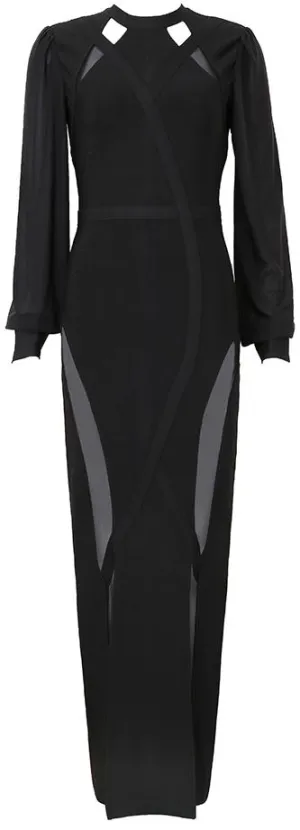 Black Long Sheer-Paneled Stretchy Gown