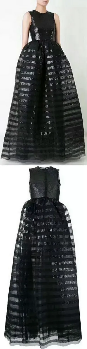 Black Sequin-Embellished Sleeveless Tulle Gown