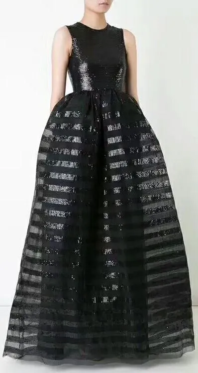 Black Sequin-Embellished Sleeveless Tulle Gown