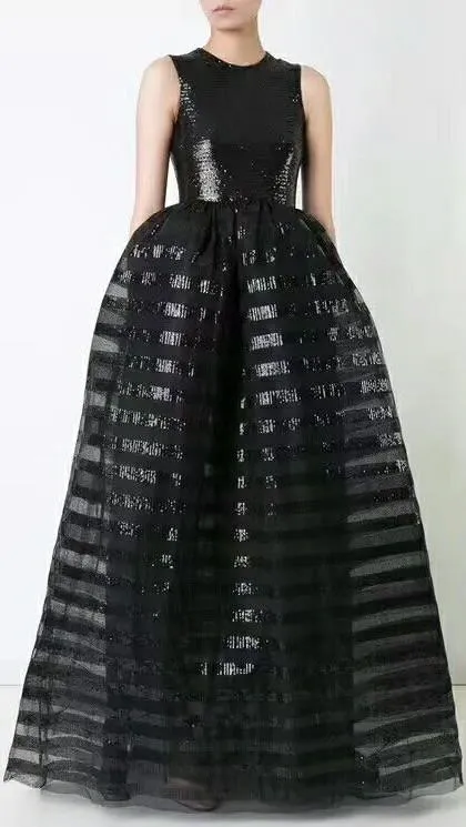 Black Sequin-Embellished Sleeveless Tulle Gown