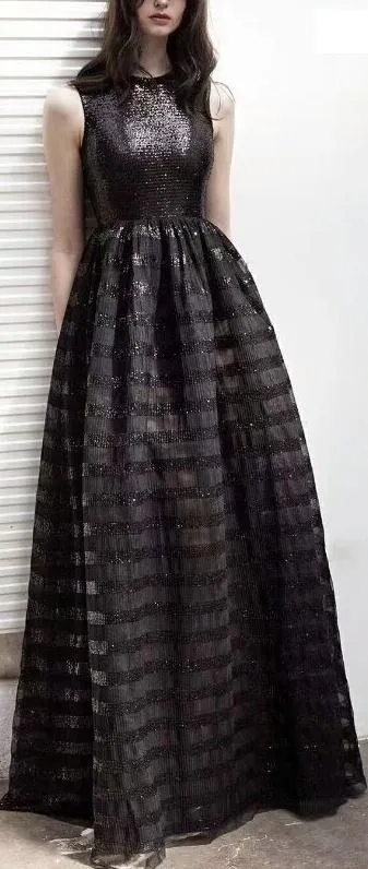 Black Sequin-Embellished Sleeveless Tulle Gown