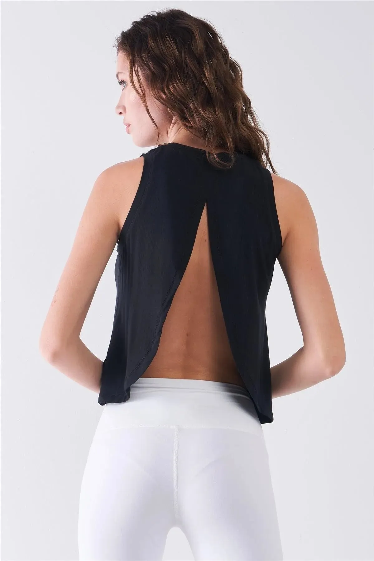 Black Sleeveless Crew Neck Ribbed Split Back Top /2-2-1