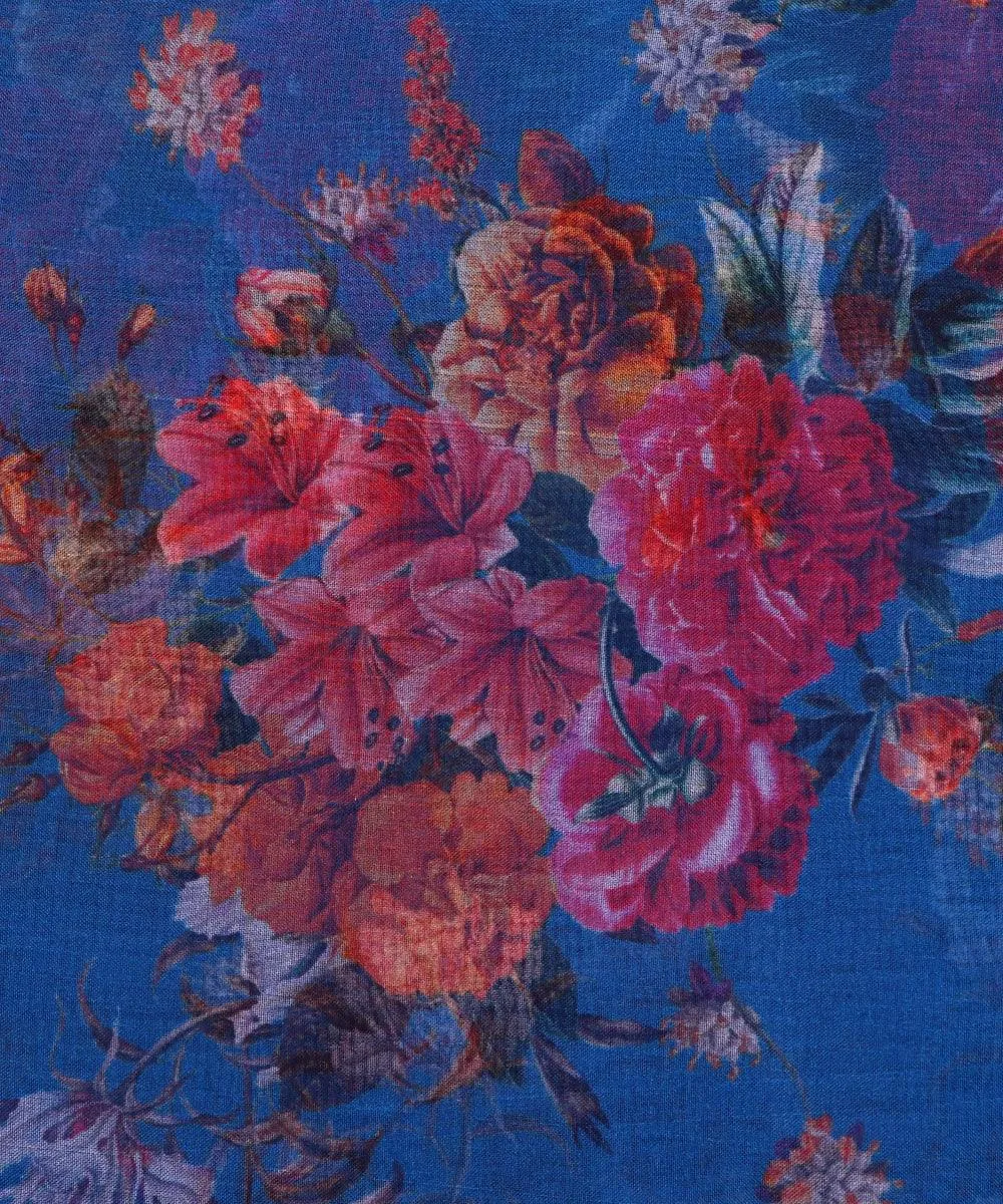 Blue Colour Floral Digital Print Organza Fabric