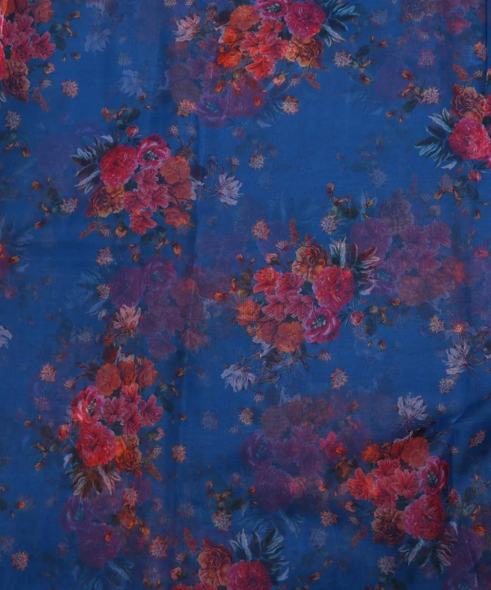 Blue Colour Floral Digital Print Organza Fabric