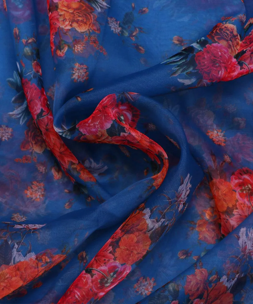 Blue Colour Floral Digital Print Organza Fabric