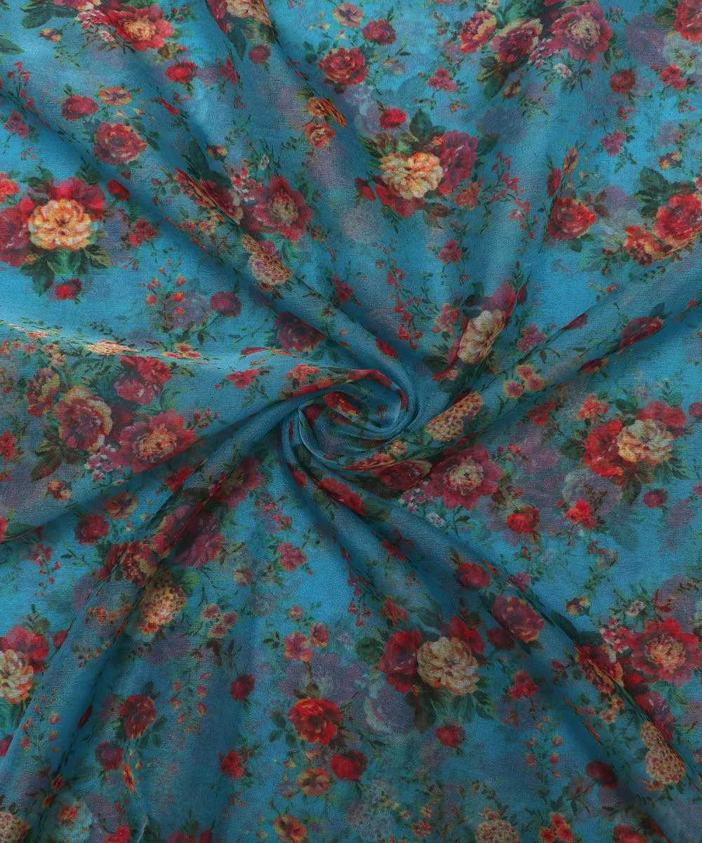 Blue Colour Floral Print Organza Silk Fabric