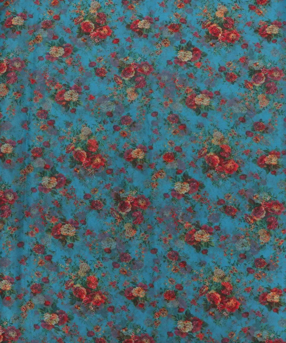 Blue Colour Floral Print Organza Silk Fabric