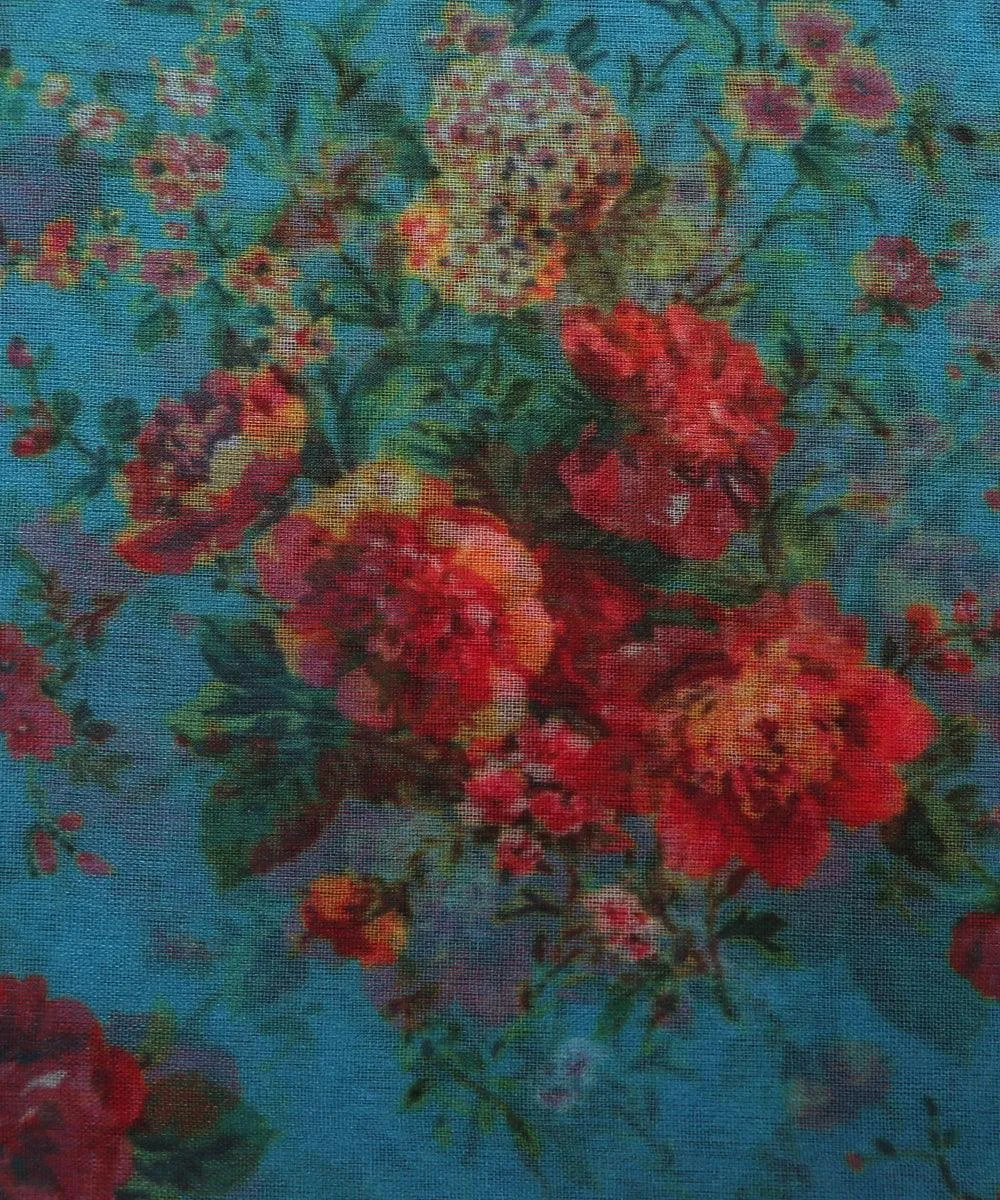 Blue Colour Floral Print Organza Silk Fabric