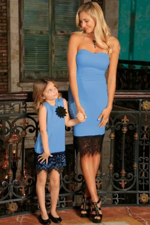 Blue Stretchy Sleeveless Mother Daughter Party Dress