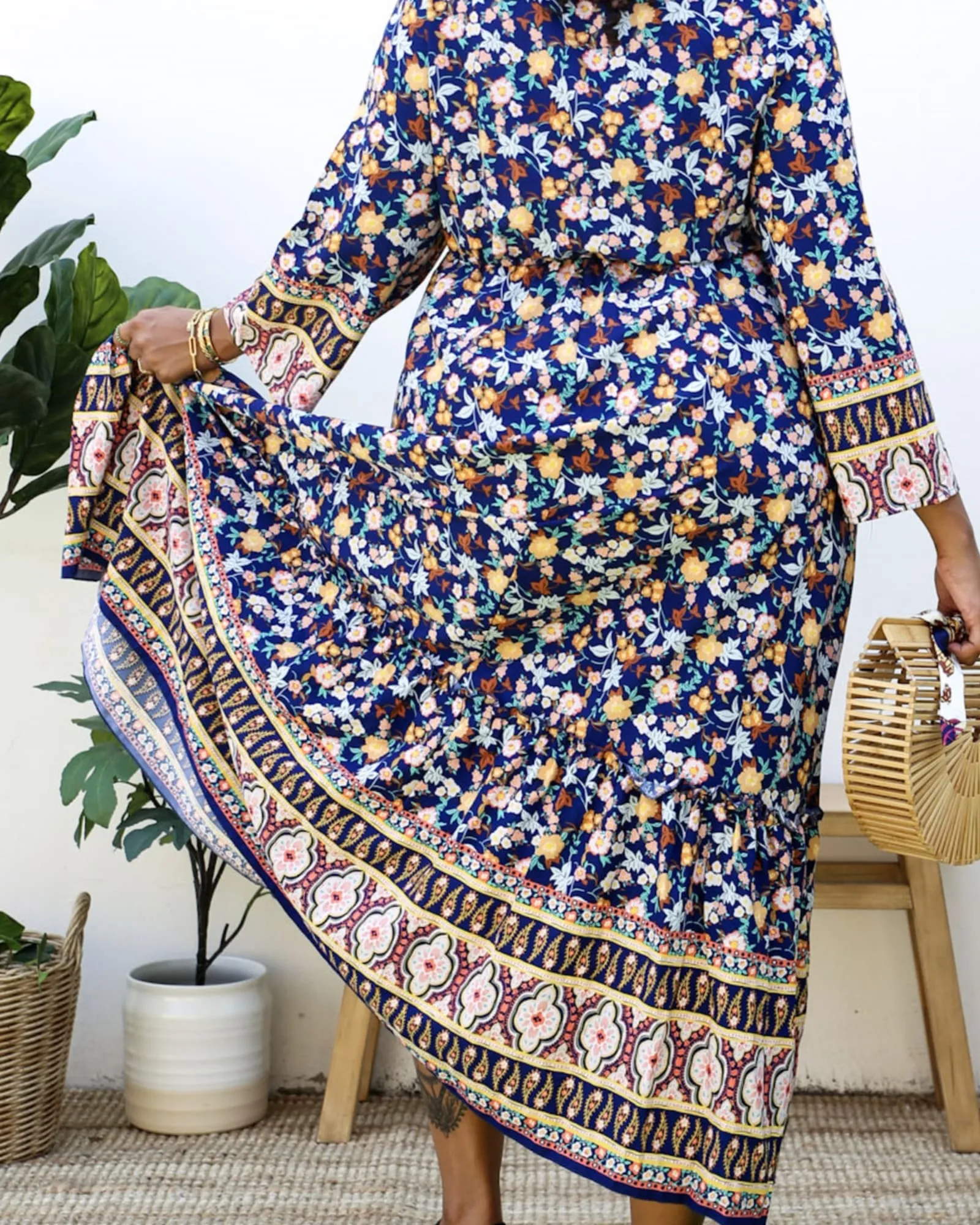 Boho Floral Empire Waist Paisley Print Maxi Dress | Black