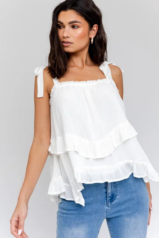 Bow Strap Ruffle Cami Top