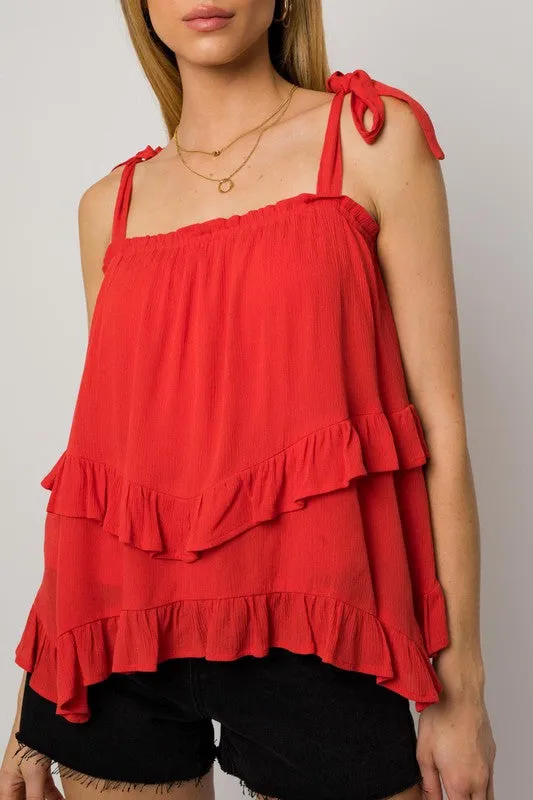 Bow Strap Ruffle Cami Top