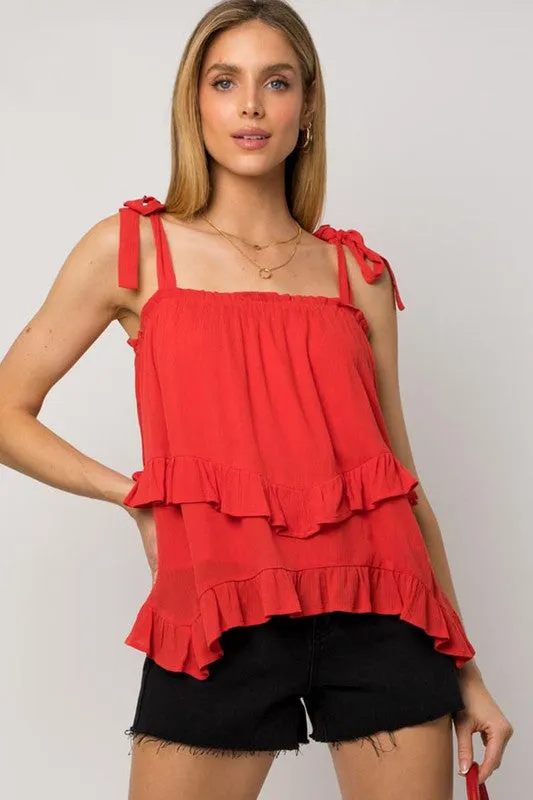 Bow Strap Ruffle Cami Top