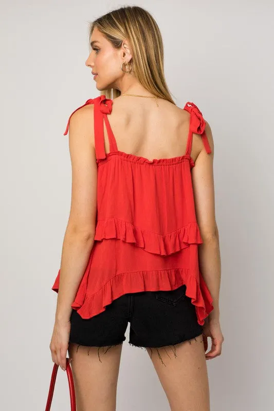 Bow Strap Ruffle Cami Top