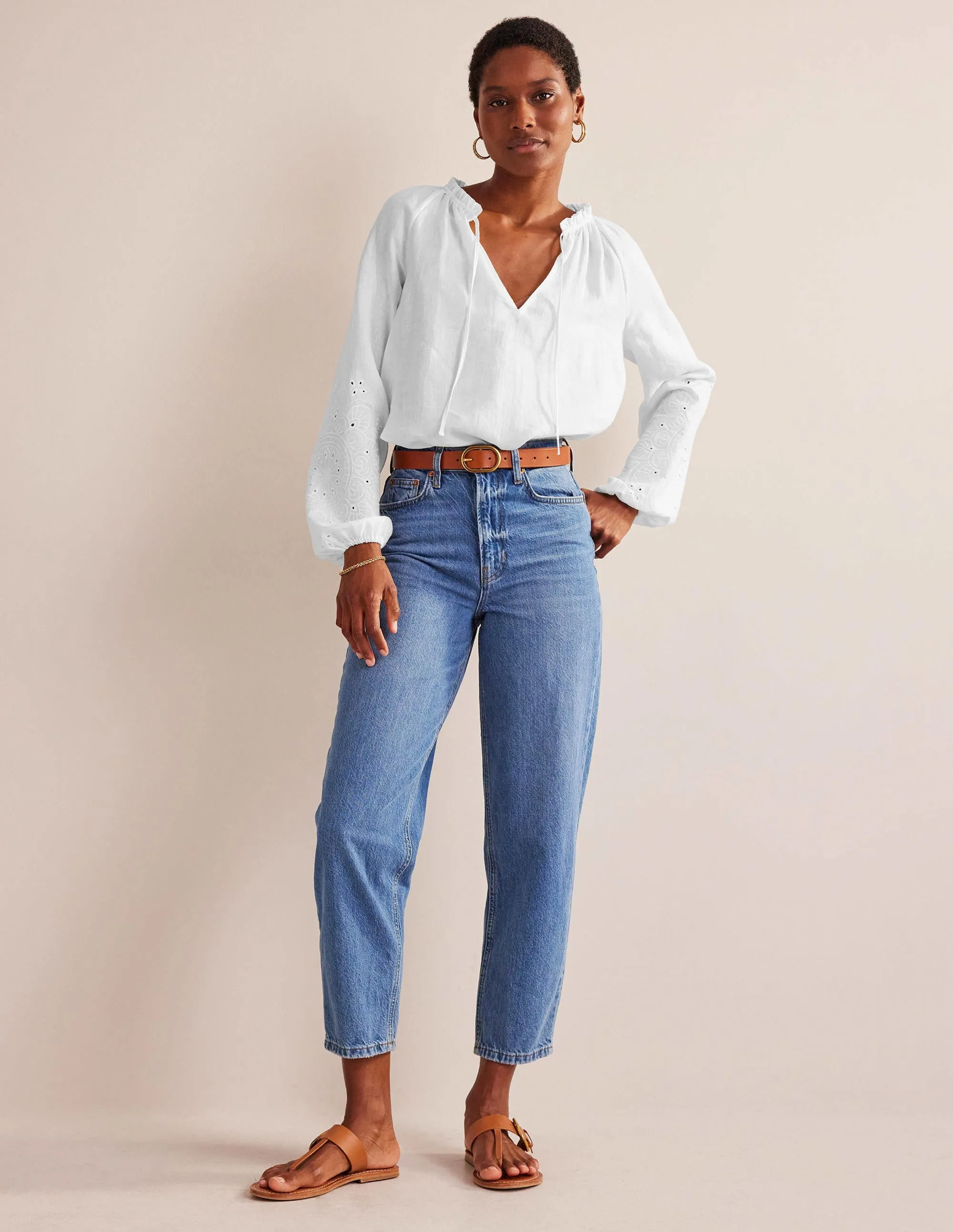 Broderie Tie-Neck Linen Top-White
