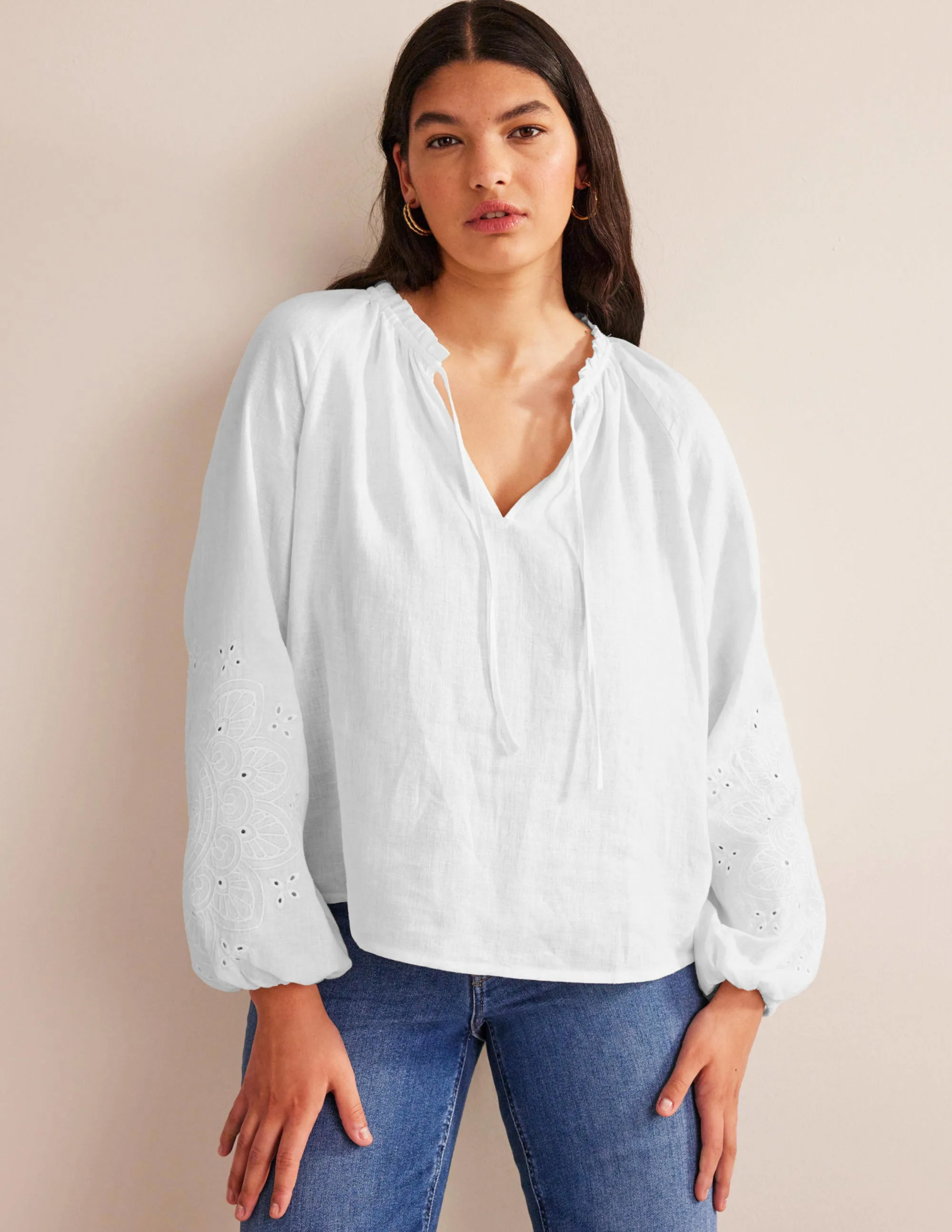 Broderie Tie-Neck Linen Top-White